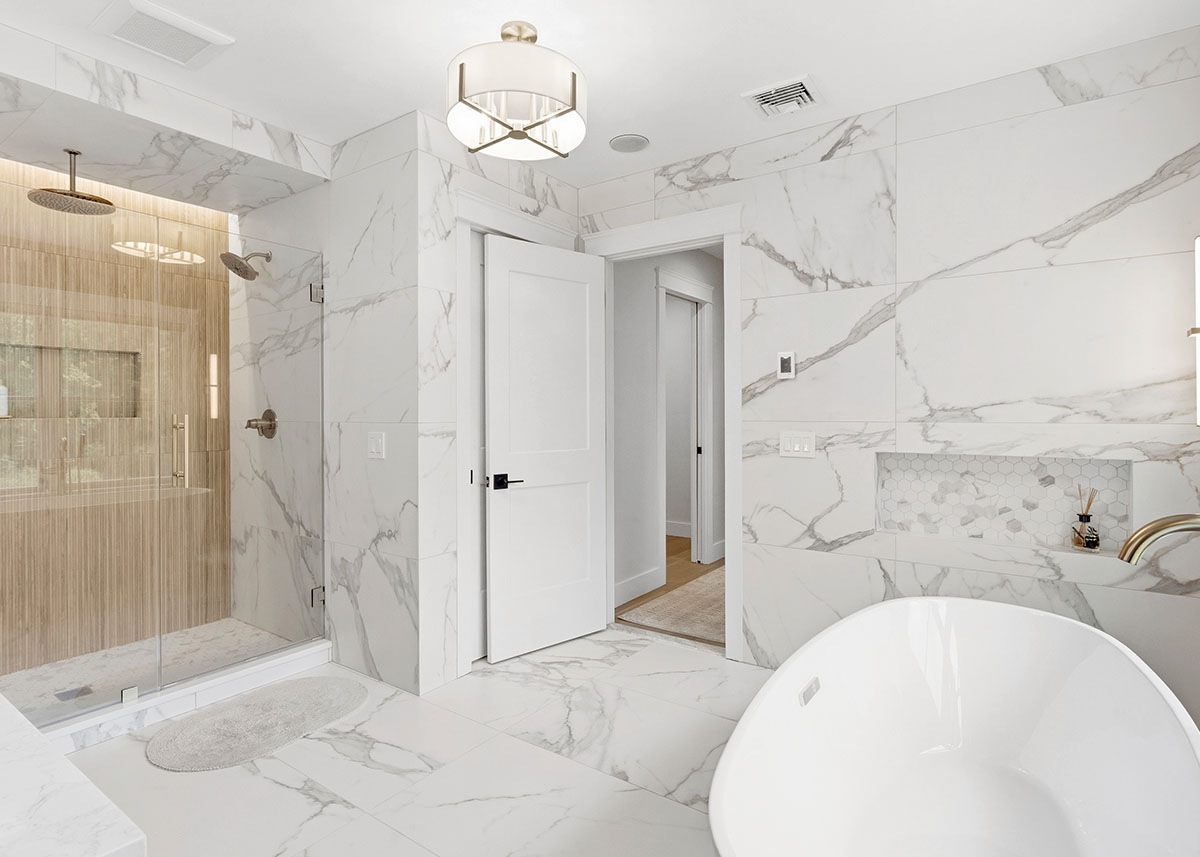 Westhampton10_Second_Shoot_05 Primary Bathroom Shower area - Westhampton Custom Model Home - Modular Luxury